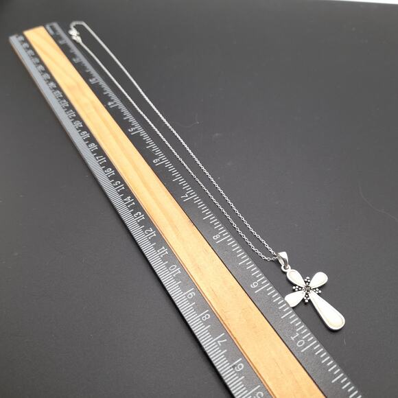 Mother of Pearl Cross Necklace, 925 Sterling Silver, Marcasite Center, 18", Thai - Picture 7 of 9